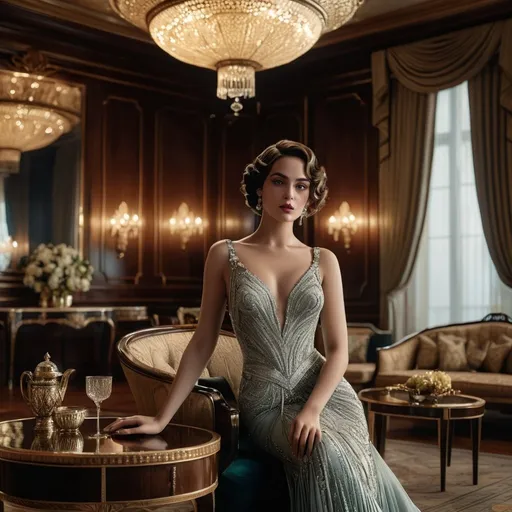 Prompt: A stunning, cinematic gigapixel photo masterfully blending photography and digital art, enhanced by the power of Unreal Engine 5 and NVIDIA Ray Tracing technology. The scene transports us to a luxurious drawing room in the 1920s, where a young woman in an exquisite, flowing dress stands amidst opulent furnishings and intricate details. She holds a delicate fan, her thoughtful and melancholic expression hinting at the complex social games and intrigues of the era. The composition captures the glamour and elegance of the time, with a focus on the detailed interiors and the woman's subtle facial expressions, reflecting the layered emotions and societal expectations of women during that time., cinematic, photo, fashion