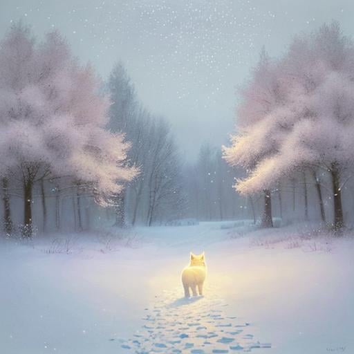 Prompt: Create a detailed description of an exquisite and charming abstract oil painting depicting a snowy field with a glowing cat moving through

the soft snow. Only the eyes and bushy tail of the cat are visible, covered in snowflakes and emitting a soft, warm glow. The artist uses a harmonious palette of delicate pastel colors, blending them with thin strokes to convey depth and volume. The painting exudes a serene atmosphere, evoking a sense of fragility and vulnerability, inviting viewers to pause, reflect, and find solace in its beauty., illustration, painting