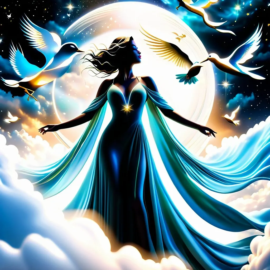 Prompt: A mesmerizing, cinematic 3D render of a woman floating gracefully amidst lush clouds, dressed in an exquisite, flowing gown. Her elegant attire is a fusion of ethereal white and celestial gold. The celestial arch above her, adorned with stars and galaxies, casts a dreamy, heavenly glow that illuminates the scene. Surrounding her are majestic birds of various species, adding an element of wildlife and depth to the reality-defying landscape., photo, 3d render, cinematic, wildlife photography, fashion