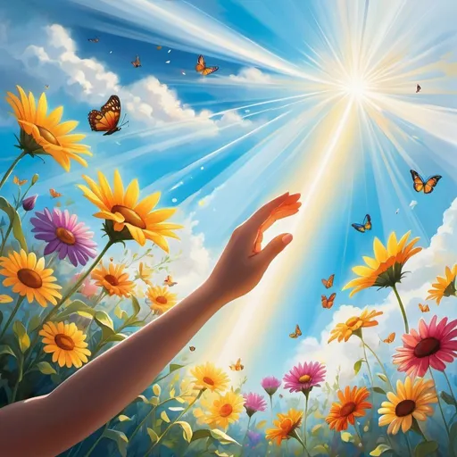 Prompt: Cloudy sky, in the upper right corner of the sky there is a bright slit through which a sunbeam penetrates, a beautiful translucent hand is visible, from which colorful flowers fall to the ground, butterflies fly, the picture is gradually filled with light, joy, cinematic, conceptual art, illustration, painting, vibrant