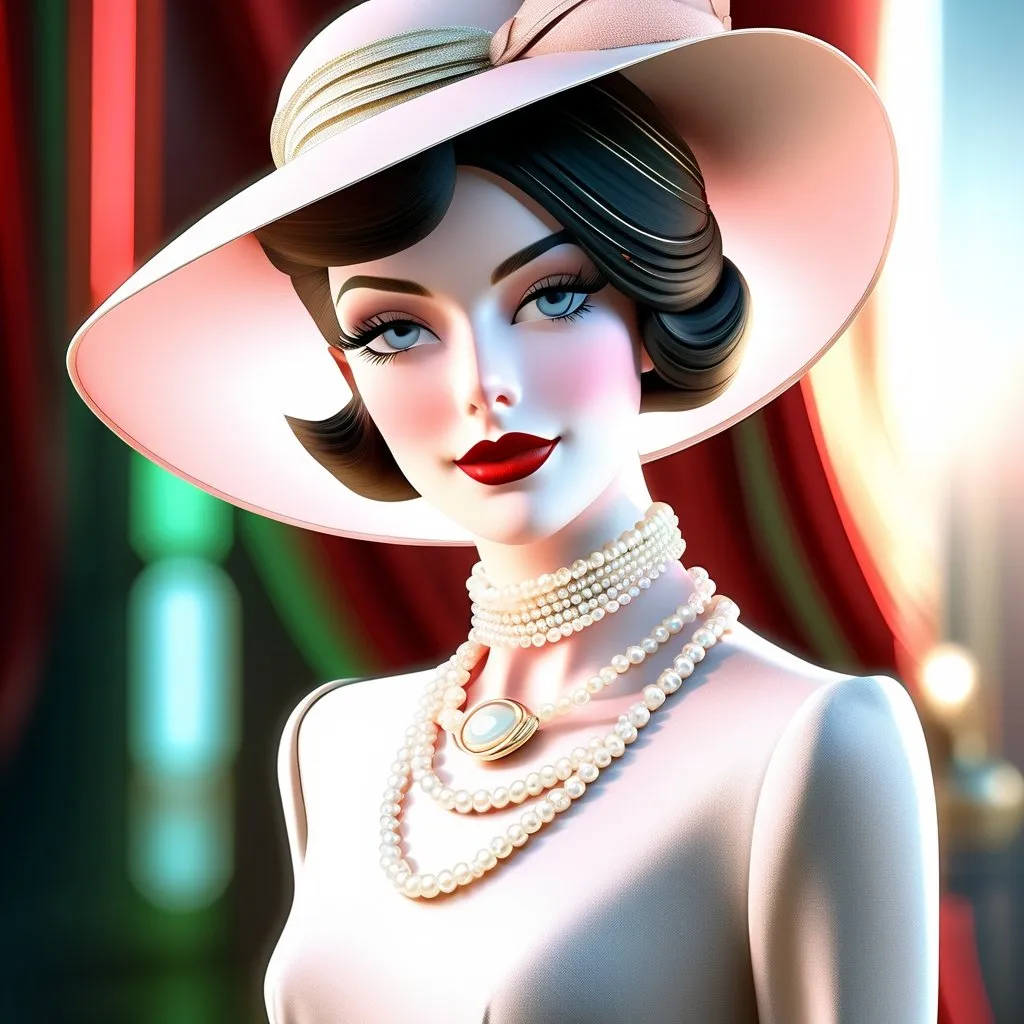 Prompt: A captivating 3D render of a fashionable woman from the early 20th century, masterfully illustrated by Soniam. The subject is dressed in a stunning outfit, including a white tilted hat and a bob hairstyle. Her face is adorned with a rosy blush and a bold red lipstick, exuding confidence and glamour. A delicate multi-stranded pearl necklace adds a touch of elegance to her attire. The muted, cinematic background allows her to stand out prominently, drawing the viewer's eye to her captivating presence., cinematic, illustration, fashion, 3d render