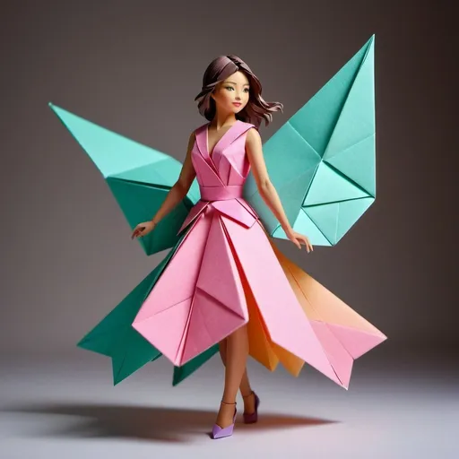 Prompt: A fascinating, vivid photo of a girl made in the origami technique, who stands in a beautiful cinematic pose. The girl is artfully made of soft pastel-colored paper, demonstrates an amazing display of creativity and attention to detail. The pure white background highlights the vibrant colors and subtle features of origami art, allowing every crease and texture to stand out. Warm lighting effects softly illuminate the scene, further emphasizing the realism and captivating beauty of this masterful origami creation. This image serves as a stunning tribute to the art of origami and the transformative power of light and color in photography. Bright neon colors, cinematic, lively, photos