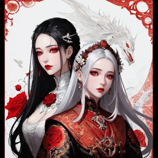 Prompt: An exquisite anime-inspired illustration featuring a captivating and stylish young lady with a porcelain face and a mesmerizing rose-inspired hairstyle. Her striking eyes are accentuated with bold, flared lashes and vibrant red eye makeup, while her sensual lips are adorned with red lipstick. The male character's face is covered by a unique, intricately patterned white mask divided into two halves. The background is a solid white, drawing attention to the intricate red and black lines that connect the subjects of the illustration. The overall composition, reminiscent of the styles of Karol Bak, Noriyoshi Ohrai, Aleksi Briclot, Mark Brooks, and Conrad Roset, showcases a perfect balance of elegance, sensuality, and fashionable  poster aesthetics., fashion, poster