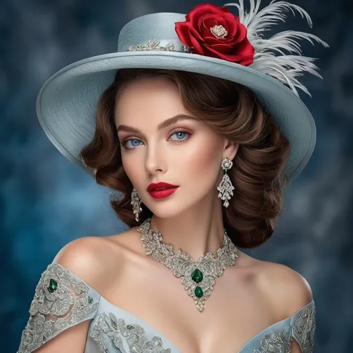 Prompt: Create a realistic image of a sophisticated woman with a slender build and fair skin tone, featuring large, expressive blue eyes and full red lips. Her brown curly hair falls elegantly past her shoulders, framing her face. She wears a luxurious wide-brimmed silver hat adorned with delicate lace, feathers, and a prominent red rose with green foliage. A pair of intricate, dangling silver earrings and a matching necklace with a large red gem centrepiece embellish her ears and neck respectively. The woman is clad in a satin off-the-shoulder ball gown, with a fitted bodice displaying an elaborate design of swirls and floral patterns, enhanced by silver embroidery and red gemstone accents. The long sleeves drape gracefully and transition into sheer lace extending onto her hands, which hold a single, perfect red rose. The remainder of the gown is simple yet elegant, allowing the detailed bodice to be the centrepiece. The background is a soft gradient of pastel pinks, adorned with subtle swirl