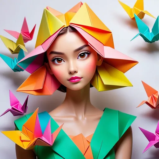Prompt: A fascinating, vivid photo of a girl made in the origami technique, who stands in a beautiful cinematic pose. The girl is artfully made of soft pastel-colored paper, demonstrates an amazing display of creativity and attention to detail. The pure white background highlights the vibrant colors and subtle features of origami art, allowing every crease and texture to stand out. Warm lighting effects softly illuminate the scene, further emphasizing the realism and captivating beauty of this masterful origami creation. This image serves as a stunning tribute to the art of origami and the transformative power of light and color in photography. Bright neon colors, cinematic, lively, photos