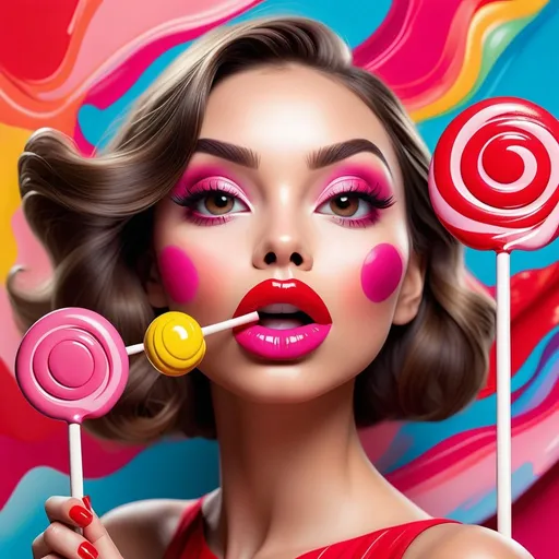 Prompt: A captivating and eye-catching flyer design featuring a realistic illustration of a woman's lips painted with vibrant red and pink hues. The lips are holding a playful, colorful lollipop. The overall texture of the poster resembles an abstract painting, adding a unique and artistic touch. The design is intended to grab attention and promote an event or product, with no background to emphasize the main subject., illustration, poster, photo