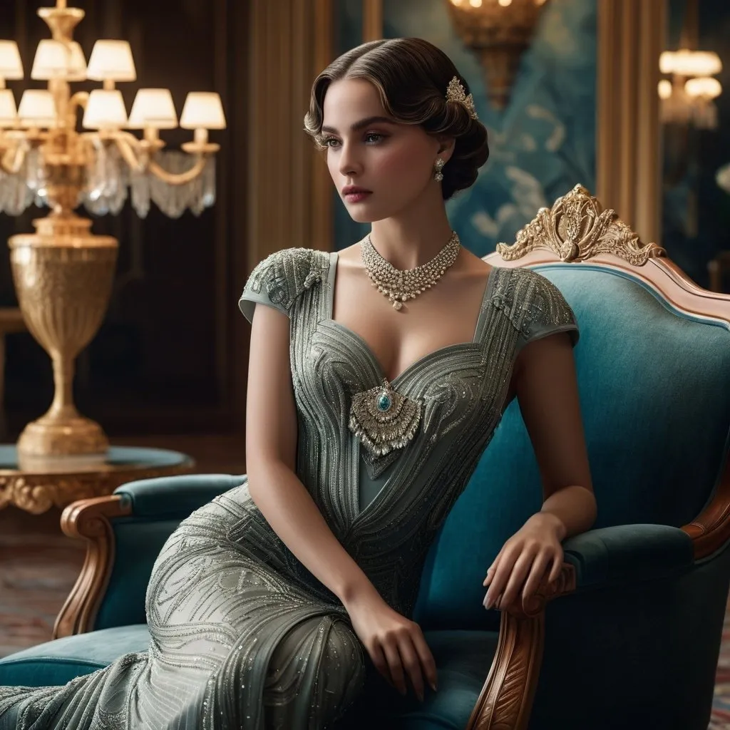 Prompt: A stunning, cinematic gigapixel photo masterfully blending photography and digital art, enhanced by the power of Unreal Engine 5 and NVIDIA Ray Tracing technology. The scene transports us to a luxurious drawing room in the 1920s, where a young woman in an exquisite, flowing dress stands amidst opulent furnishings and intricate details. She holds a delicate fan, her thoughtful and melancholic expression hinting at the complex social games and intrigues of the era. The composition captures the glamour and elegance of the time, with a focus on the detailed interiors and the woman's subtle facial expressions, reflecting the layered emotions and societal expectations of women during that time., cinematic, photo, fashion
