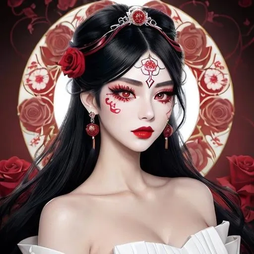 Prompt: An exquisite anime-inspired illustration featuring a captivating and stylish young lady with a porcelain face and a mesmerizing rose-inspired hairstyle. Her striking eyes are accentuated with bold, flared lashes and vibrant red eye makeup, while her sensual lips are adorned with red lipstick. The male character's face is covered by a unique, intricately patterned white mask divided into two halves. The background is a solid white, drawing attention to the intricate red and black lines that connect the subjects of the illustration. The overall composition, reminiscent of the styles of Karol Bak, Noriyoshi Ohrai, Aleksi Briclot, Mark Brooks, and Conrad Roset, showcases a perfect balance of elegance, sensuality, and fashionable anime poster aesthetics., fashion, poster, anime