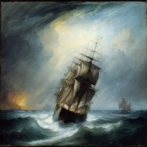 Prompt: An awe-inspiring oil painting of a majestic three-masted barque, fully unfurled, braving turbulent seas. The majestic ship's sails are billowing with the wind, and it appears to be caught in a mystical, magical storm. The atmospheric scene is painted in a cinematic panoramic vista, reminiscent of the styles of John Constable, Paul Delaroche, Caspar David Friedrich, Thomas Gainsborough, J.M.W. Turner, David Roberts, John Ruskin, Francisco Goya, William Blake, and other renowned artists. The vivid colors and vibrant brushstrokes capture the essence of magical realism and fantastical elements, evoking a sense of wonder and awe., painting, illustration, vibrant, cinematic