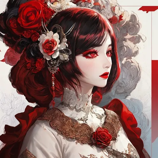 Prompt: An exquisite anime-inspired illustration featuring a captivating and stylish young lady with a porcelain face and a mesmerizing rose-inspired hairstyle. Her striking eyes are accentuated with bold, flared lashes and vibrant red eye makeup, while her sensual lips are adorned with red lipstick. The male character's face is covered by a unique, intricately patterned white mask divided into two halves. The background is a solid white, drawing attention to the intricate red and black lines that connect the subjects of the illustration. The overall composition, reminiscent of the styles of Karol Bak, Noriyoshi Ohrai, Aleksi Briclot, Mark Brooks, and Conrad Roset, showcases a perfect balance of elegance, sensuality, and fashionable  poster aesthetics., fashion, poster