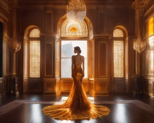 Prompt: A stunning photo of a vibrant amber statuette of a slender female figure, intricately detailed with flowing gown and elegant posing. The sunlight streams through a nearby window, casting a warm glow and highlighting the rich, golden hues of the amber. The beautifully designed room, with its elegant architecture and cinematic atmosphere, serves as an enchanting backdrop for the piece. The fashionable elements of the figure, combined with the vibrant amber material, create an unforgettable visual experience., photo, vibrant, cinematic, fashion, architecture