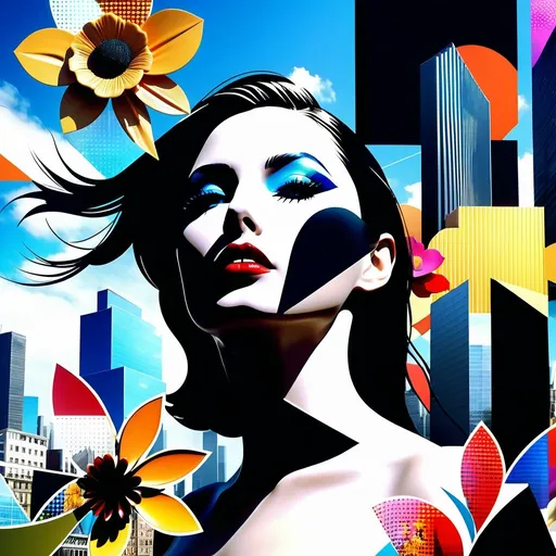 Prompt: Surreal composition where collage meet Fashion and beauty poster art. Random weird subjects, random Dynamic scene, random absurd ambient. Buildings and flowers cut-out, Impress me! unusual Dynamic angle. volumetric light, depth of field, Dynamic focus, extreme high resolution of wrinkles & imperfections of skin & textures, accuracy Deep and relief High quality details, Extreme quality, 32K resolution, artstation, ultra dynamic movement scene, by Oscar Varona and Michelle Pessoa, highly detailed, 16k, Ultra HD, hyper realistic