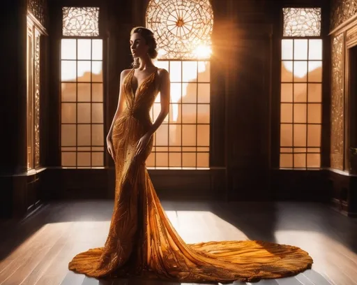 Prompt: A stunning photo of a vibrant amber statuette of a slender female figure, intricately detailed with flowing gown and elegant posing. The sunlight streams through a nearby window, casting a warm glow and highlighting the rich, golden hues of the amber. The beautifully designed room, with its elegant architecture and cinematic atmosphere, serves as an enchanting backdrop for the piece. The fashionable elements of the figure, combined with the vibrant amber material, create an unforgettable visual experience., photo, vibrant, cinematic, fashion, architecture