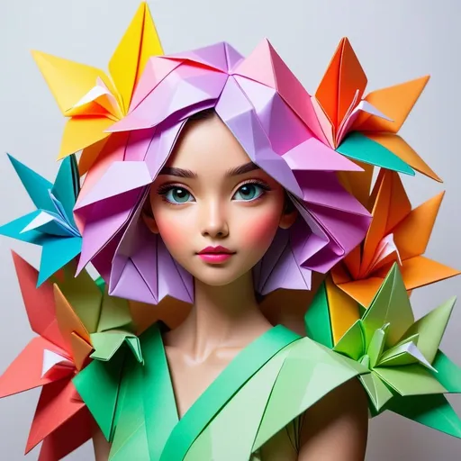 Prompt: A fascinating, vivid photo of a girl made in the origami technique, who stands in a beautiful cinematic pose. The girl is artfully made of soft pastel-colored paper, demonstrates an amazing display of creativity and attention to detail. The pure white background highlights the vibrant colors and subtle features of origami art, allowing every crease and texture to stand out. Warm lighting effects softly illuminate the scene, further emphasizing the realism and captivating beauty of this masterful origami creation. This image serves as a stunning tribute to the art of origami and the transformative power of light and color in photography. Bright neon colors, cinematic, lively, photos