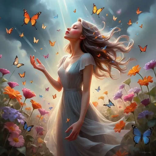 Prompt: A breathtaking conceptual illustration depicting a gloomy sky with a sliver of sunlight breaking through, illuminating the scene. A translucent, ethereal hand is visible, releasing vibrant, colorful flowers that cascade gracefully to the ground. Butterflies flutter around, adding a touch of whimsy and charm. As the sunlight gradually fills the space, the atmosphere transforms from melancholy to a celebration of light, joy, and life, evoking a cinematic and captivating experience., cinematic, vibrant, painting, illustration, conceptual art