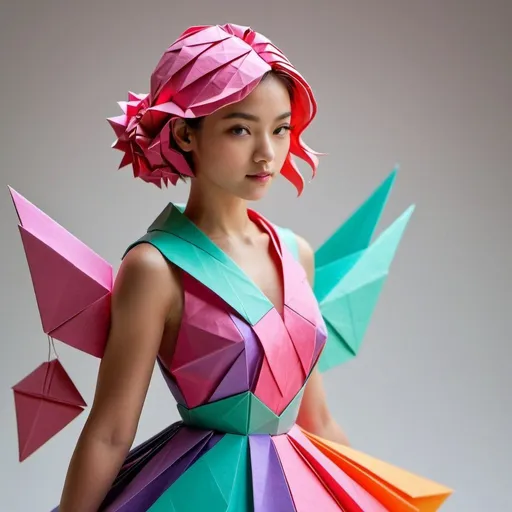 Prompt: A fascinating, vivid photo of a girl made in the origami technique, who stands in a beautiful cinematic pose. The girl is artfully made of soft pastel-colored paper, demonstrates an amazing display of creativity and attention to detail. The pure white background highlights the vibrant colors and subtle features of origami art, allowing every crease and texture to stand out. Warm lighting effects softly illuminate the scene, further emphasizing the realism and captivating beauty of this masterful origami creation. This image serves as a stunning tribute to the art of origami and the transformative power of light and color in photography. Bright neon colors, cinematic, lively, photos