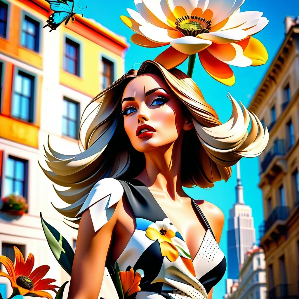 Prompt: Surreal composition where collage meet Fashion and beauty poster art. Random weird subjects, random Dynamic scene, random absurd ambient. Buildings and flowers cut-out, Impress me! unusual Dynamic angle. volumetric light, depth of field, Dynamic focus, extreme high resolution of wrinkles & imperfections of skin & textures, accuracy Deep and relief High quality details, Extreme quality, 32K resolution, artstation, ultra dynamic movement scene, by Oscar Varona and Michelle Pessoa, highly detailed, 16k, Ultra HD, hyper realistic