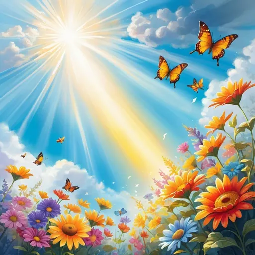 Prompt: Cloudy sky, in the upper right corner of the sky there is a bright slit through which a sunbeam penetrates, a beautiful translucent hand is visible, from which colorful flowers fall to the ground, butterflies fly, the picture is gradually filled with light, joy, cinematic, conceptual art, illustration, painting, vibrant