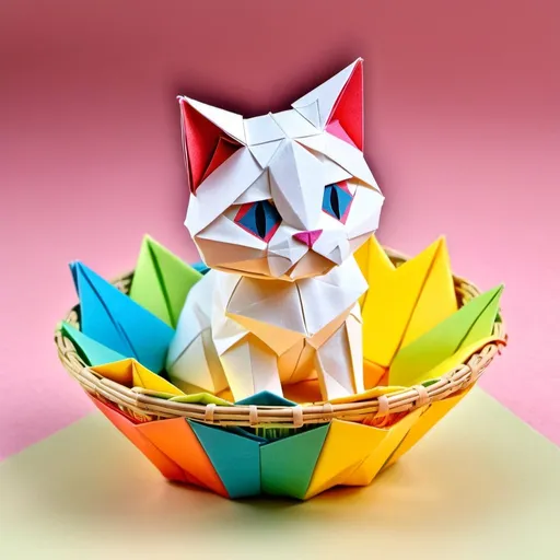 Prompt: A mesmerizing, vibrant photograph of an exquisitely crafted origami kitten resting peacefully in a woven paper basket. The kitten, intricately folded from soft pastel-colored paper, showcases a remarkable display of creativity and attention to detail. The pure white background accentuates the vivid colors and delicate features of the origami art, allowing each fold and texture to stand out. Warm light effects gently illuminate the scene, further enhancing the lifelike qualities and captivating beauty of this masterful origami creation. The image serves as a stunning tribute to the art of origami and the transformative power of light and color in photography. Vivid bright vibrant neon colors, cinematic, vibrant, photo