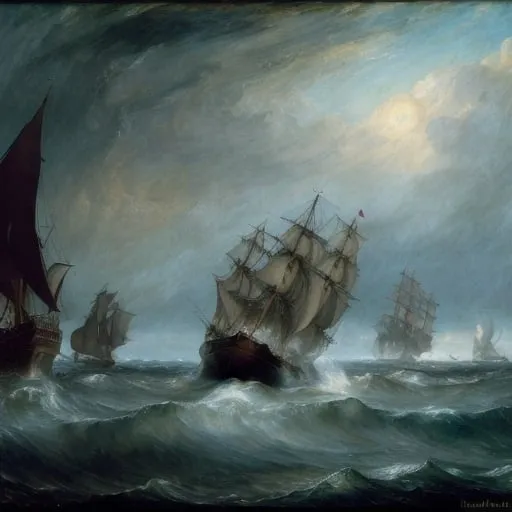 Prompt: An awe-inspiring oil painting of a majestic three-masted barque, fully unfurled, braving turbulent seas. The majestic ship's sails are billowing with the wind, and it appears to be caught in a mystical, magical storm. The atmospheric scene is painted in a cinematic panoramic vista, reminiscent of the styles of John Constable, Paul Delaroche, Caspar David Friedrich, Thomas Gainsborough, J.M.W. Turner, David Roberts, John Ruskin, Francisco Goya, William Blake, and other renowned artists. The vivid colors and vibrant brushstrokes capture the essence of magical realism and fantastical elements, evoking a sense of wonder and awe., painting, illustration, vibrant, cinematic