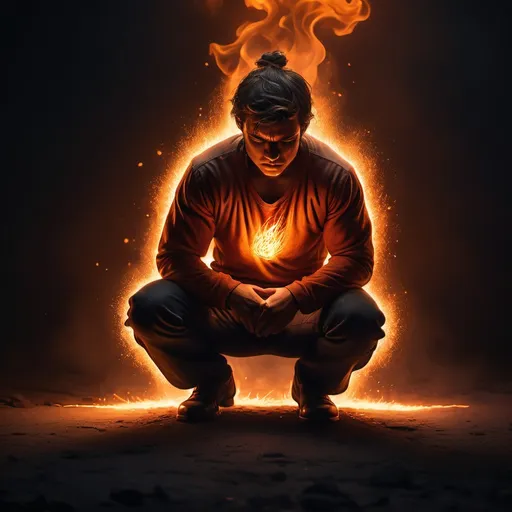 Prompt: "A cinematic, hyper-realistic depiction of a person kneeling in a dark environment, their face showing determination rather than pain. Gentle, glowing flames begin to rise from their body, symbolizing inner strength and transformation. The flames are vibrant shades of orange and red, with sparks of gold, representing the ignition of power. The background is shadowy with faint embers floating in the air, creating an inspiring and dramatic atmosphere. The composition focuses on contrast, emphasizing the fiery glow against the darkness. HD quality, wide-angle, vertical format, 9:16 aspect ratio."