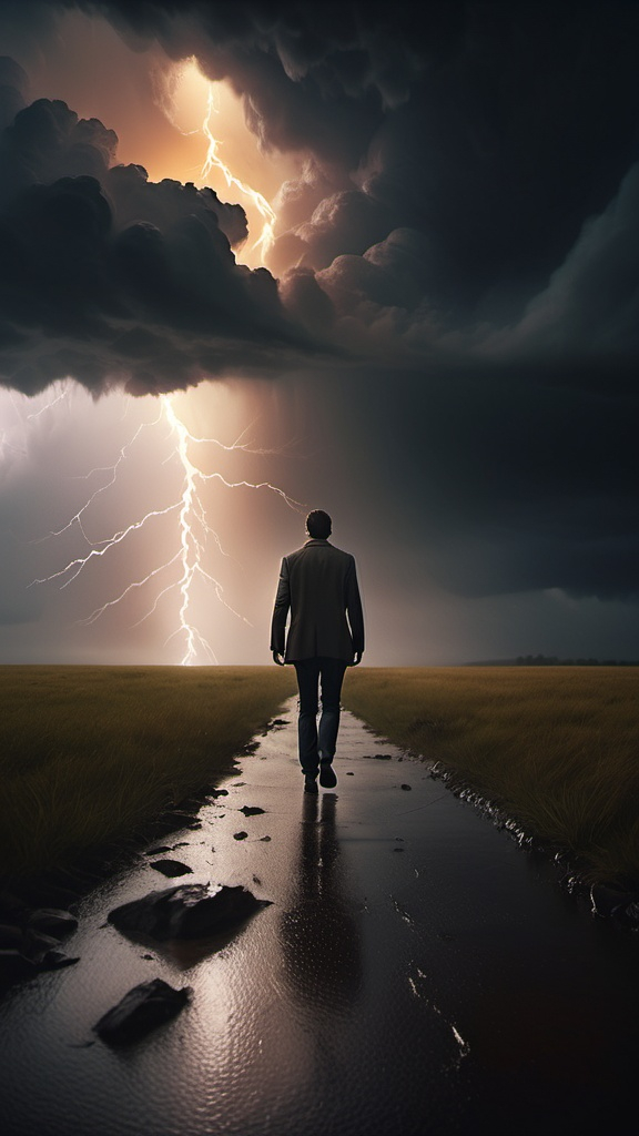 Prompt: "A wide-angle view of a figure walking confidently through a storm toward a warm, glowing light. Cinematic, HD, 9:16 vertical."