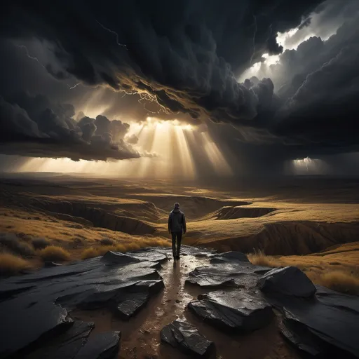 Prompt: "A hyper-realistic wide-angle scene of a stormy horizon, with dark, swirling clouds parting to reveal brilliant golden rays of light. The setting is a dramatic open landscape, with rugged terrain and a lone figure in the distance walking toward the light. The colors are deep and intense, blending dark grays, blacks, and glowing golds, creating an inspiring and moody atmosphere."