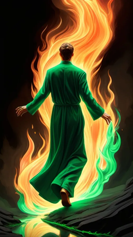 Prompt: The figure stepping out of the flames onto a clear path.
Prompt: "A cinematic scene of a figure stepping through flames onto a glowing emerald path, symbolizing transformation. 9:16 aspect ratio."