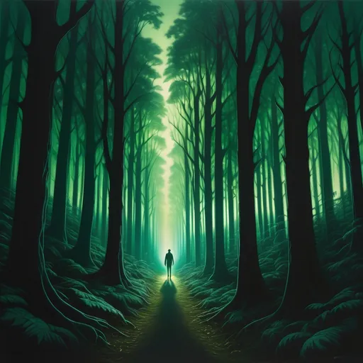 Prompt: "A cinematic, hyper-realistic depiction of a dark forest at twilight, with a glowing path cutting through the shadows. The light on the path glows faintly in emerald green, symbolizing guidance and resilience. The trees are tall and imposing, their shadows creating an eerie yet inspiring ambiance. The composition focuses on contrast and depth, with a faint silhouette of a figure walking confidently on the path."