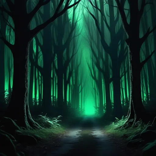 Prompt: Banner image for YouTube channel "A cinematic, hyper-realistic depiction of a dark forest at twilight, with a glowing path cutting through the shadows. The light on the path glows faintly in emerald green, symbolizing guidance and resilience. The trees are tall and imposing, their shadows creating an eerie yet inspiring ambiance. The composition focuses on contrast and depth, with a faint silhouette of a figure walking confidently on the path."