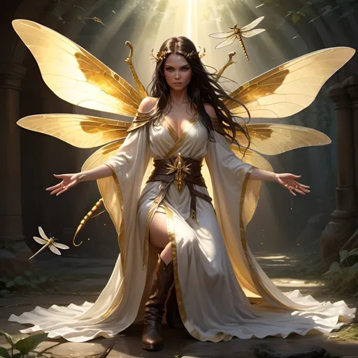 Prompt: Fairy with dragonfly wings, sorceress, fighting, standing, battle setting, rays of sunshine firing out of hands, big brown worn out boots, resting bitch face, dark hair, white and golden robe, detailed features, high quality