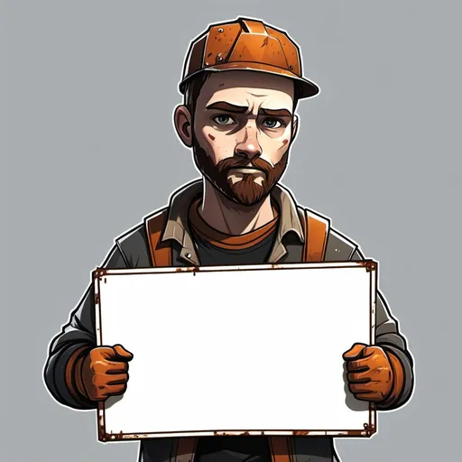 Prompt: Make me a drawn rust server headbanner that portrais a rust charachter holding a blank sign 