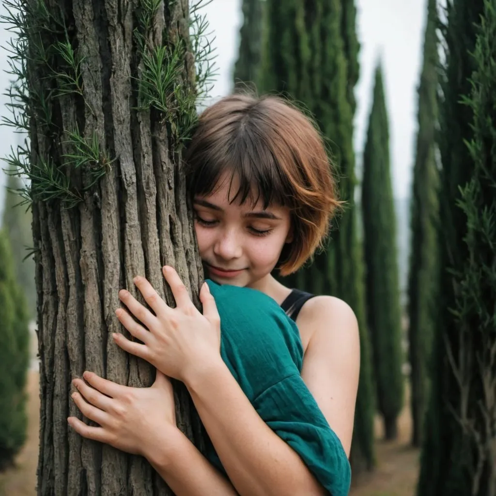 Prompt: A girl with short hair hugging a cypress tree