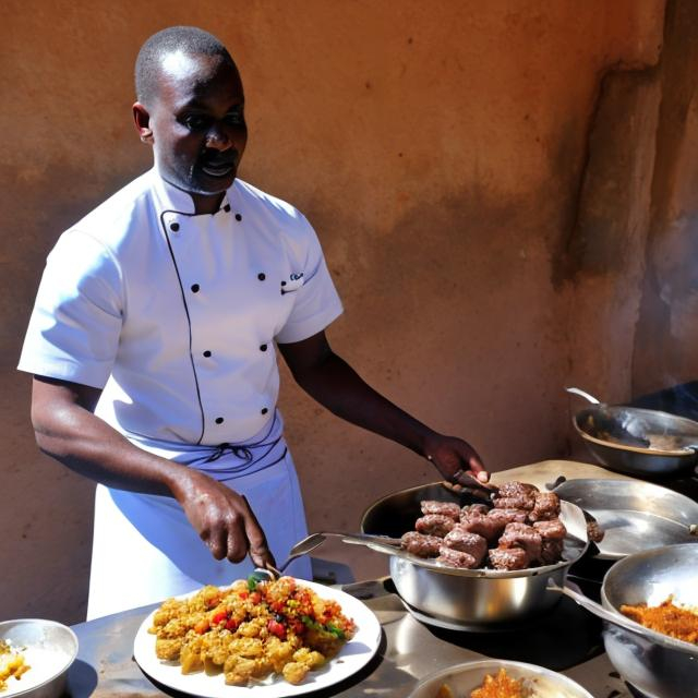 Prompt: A African chef serving donkey stake 
