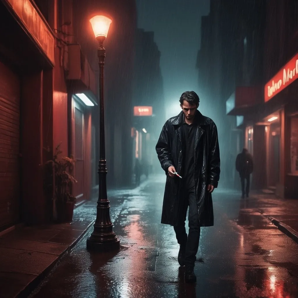 Prompt: A lone man walks slowly through the slightly wet streets, wearing a black jacket and holding a cigarette in his hand.
At that moment, the street lamp suddenly shines and the man walking alone finds himself on the red planet.