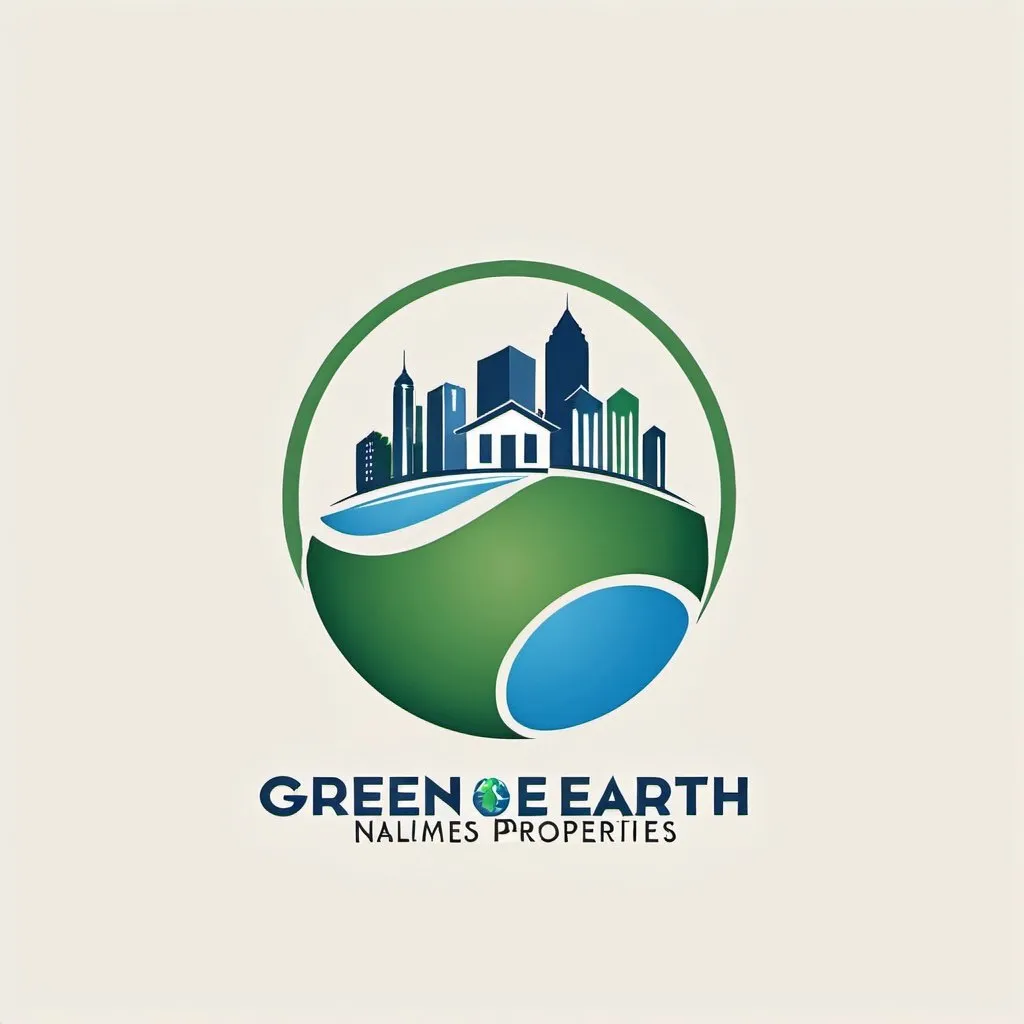 Prompt: Logo design for organization name Green Earth Properties for real estate advisor business - include world with real estate building icons and also name color option green and blue