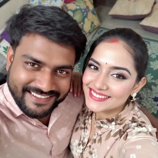 Prompt: In a cozy indoor setting, a couple poses for a selfie, exuding warmth and intimacy. The man sports a light pink shirt adorned with white polka dots, while the woman wears a floral-patterned blouse that features shades of white and brown, adding a touch of elegance to the scene. Both have cheerful expressions, with the woman playfully resting her hand on the man's shoulder, showcasing a confident smile that highlights her subtle makeup and nose ring. The background features a patterned green rug and a glimpse of colorful pillows, enhancing the cheerful atmosphere of their moment together. The soft lighting emphasizes their expressions, creating a joyful and affectionate mood.