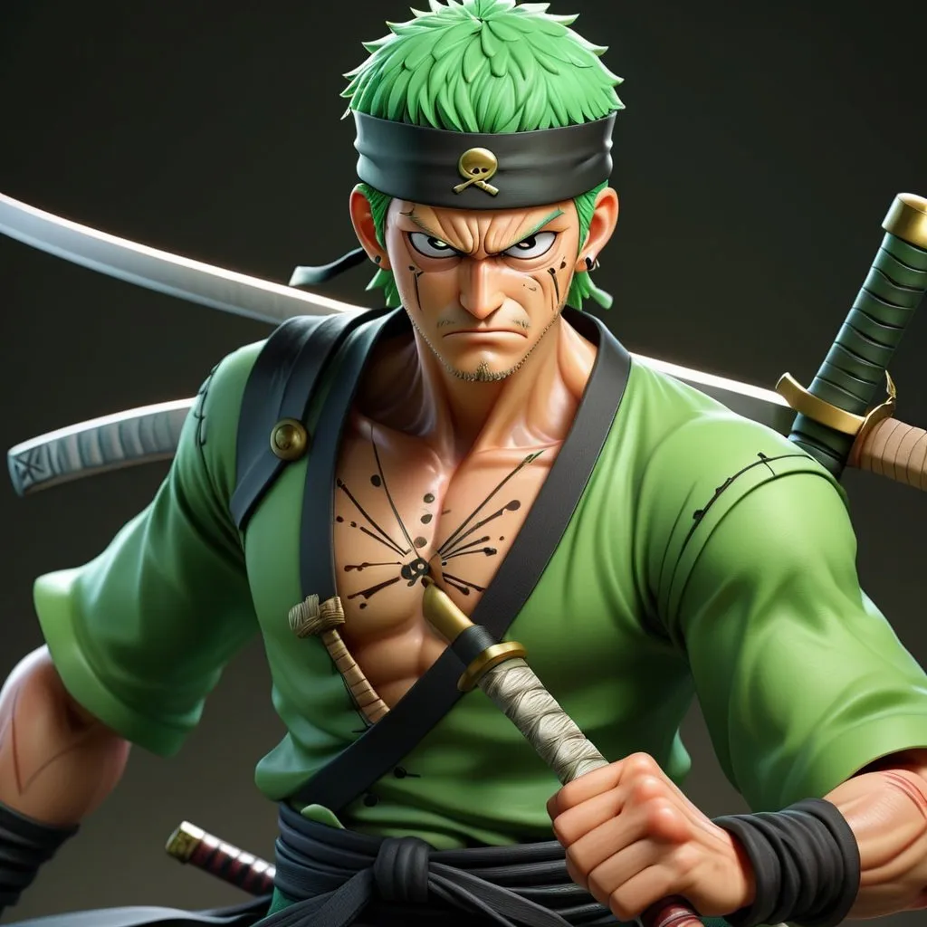 Prompt: 3D rendering of Zoro from One Piece, realistic textures and details, dynamic pose with swords drawn, dramatic lighting and shadows, high-quality, 4K resolution, detailed facial features, green tones, intense expression, traditional Japanese attire, atmospheric lighting, realistic rendering, detailed muscles and clothing, dramatic pose, professional quality