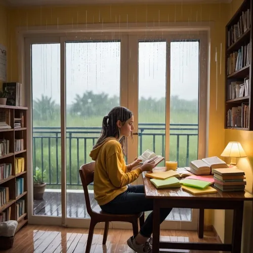 Prompt: a room with rain outside from balcony and a tabe in front of it with study material books and sticky notes in front of it with a teenage girl sitting on chair  of around 18 years seeing the outside rain with the book open in front of the table .