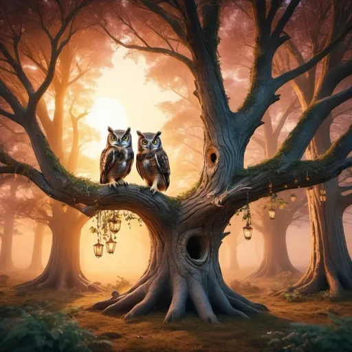 Prompt: an enchanted forest in sun set shine  with two owls on a big tree , seems like gathering for some meeting 