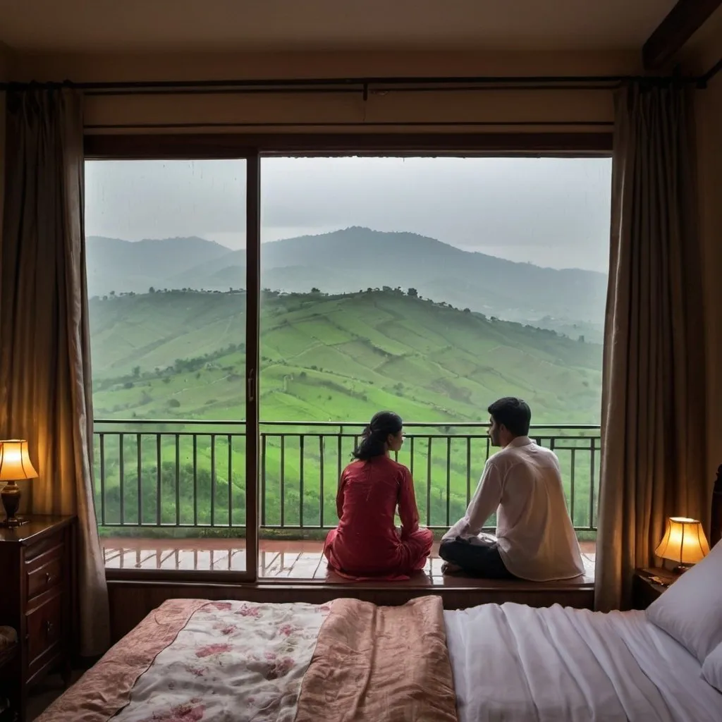 Prompt: minsoon veiw from a large size sliding window of a bedroom of a couple , both are indulged in romantic activity in rainy evening and in hilly reigional house