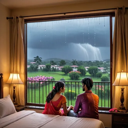 Prompt: monsoon veiw of heavy rainfall from a large size sliding window of a bedroom of girl and boy , both are indulged in romantic activity in rainy evening and in hilly reigional house ground floor in front of a big fountain and beautiful flowers in front of the window