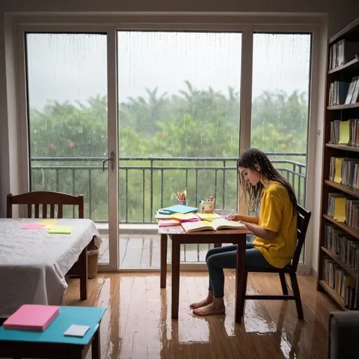 Prompt: a room with rain outside from balcony and a tabe in front of it with study material books and sticky notes in front of it with a teenage girl sitting on chair  of around 18 years seeing the outside rain with the book open in front of the table .