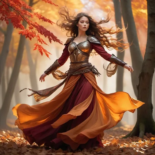 Prompt: personification of wind as a warrior in autum