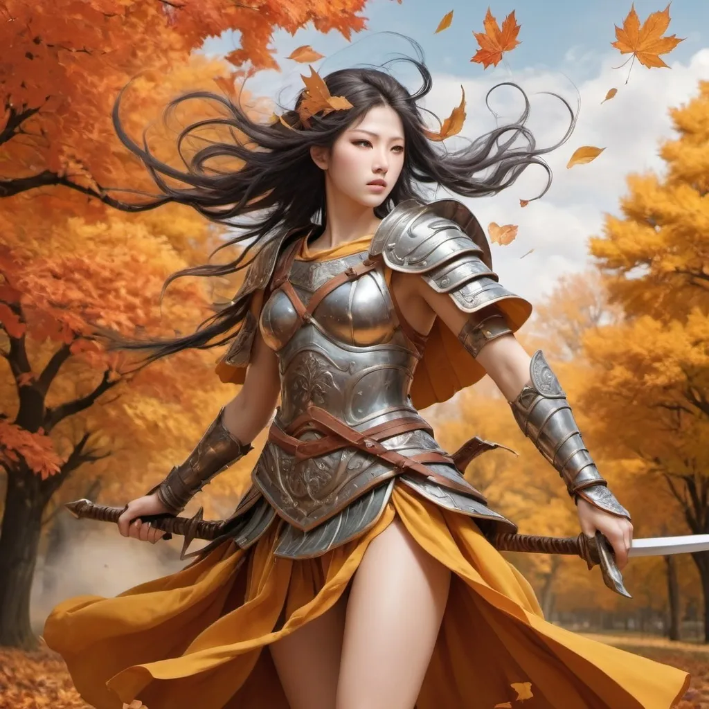 Prompt: personification of wind as a warrior in autum