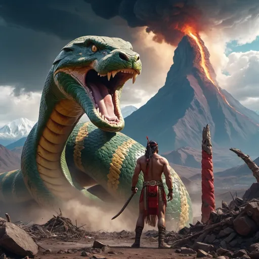 Prompt: the god apollo facing a giant anaconda. apollo looks latin american, wearing Andean clothes and holding spear pointing at the anaconda. around them there is destruction. The Andean mountains are in the back