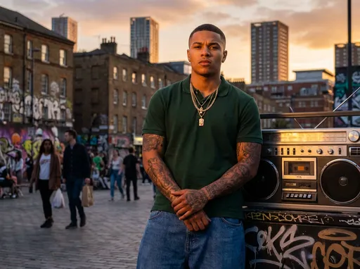 Prompt: photo of a confident young light skinned black rapper tattoos on hands about 6ft tall and dancer body faded hair style he is wearing baggy jeans and polo shirt gold chain around neck