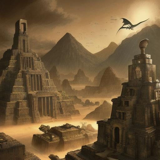 Prompt: lost city in Himalay's, 1930's era explorer in foreground, pterosaurs flying overhead, cinematic lighting, highly detailed, digital art, smooth, sharp focus, art style Adventure Magazine