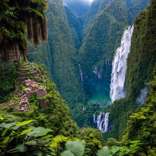 Prompt: photography of a highly detailed and ruins of Inca city in jungle landscape with photorealistic waterfalls. intricate, artstation, 8 k, unreal engine 5. Intricately detailed, hyper realistic, extremely photorealistic. Dramatic, volumetric, cinematic, midnight lighting. Far, long shot sharp focus, wide angle landscape pov. Contrasting, dramatic, vibrant colors. HDR, UHD 16K. Maximalist, award-winning photo. Unreal engine render. Unsplash, artstation and National Geographic trend.