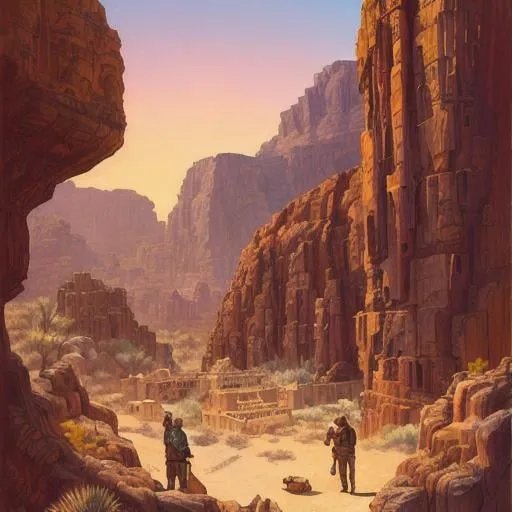 Prompt: lost city, desert canyon, surrounded by cliffs, desert explorers in foreground, cinematic lighting, highly detailed, digital art, smooth, sharp focus, art style Adventure Magazine, pulp magazine cover art